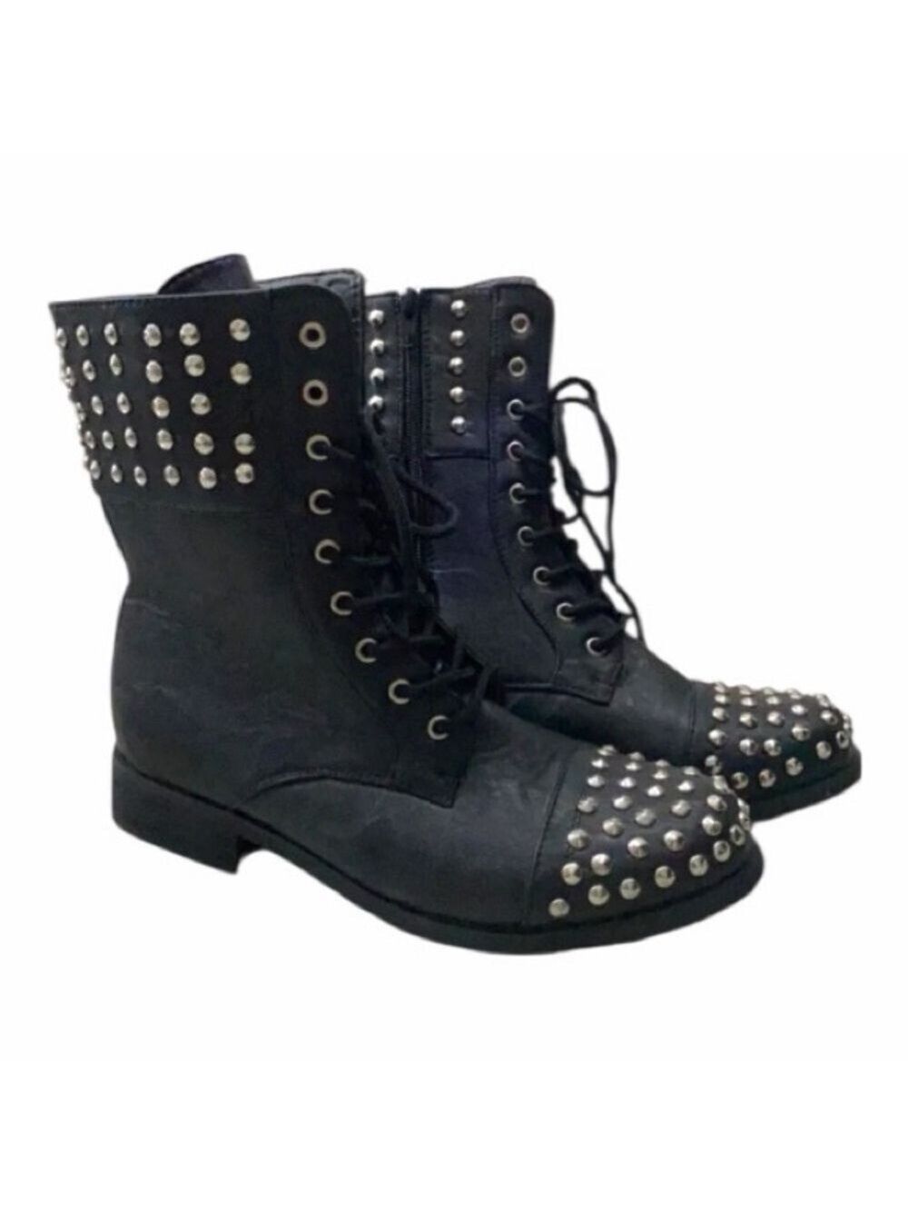 CA Collection by Carrini Black Metallic Studs Lace-Up Combat Boots Size 6.5